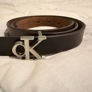 Calvin Klein Black Leather Belt with Silver CK Buckle